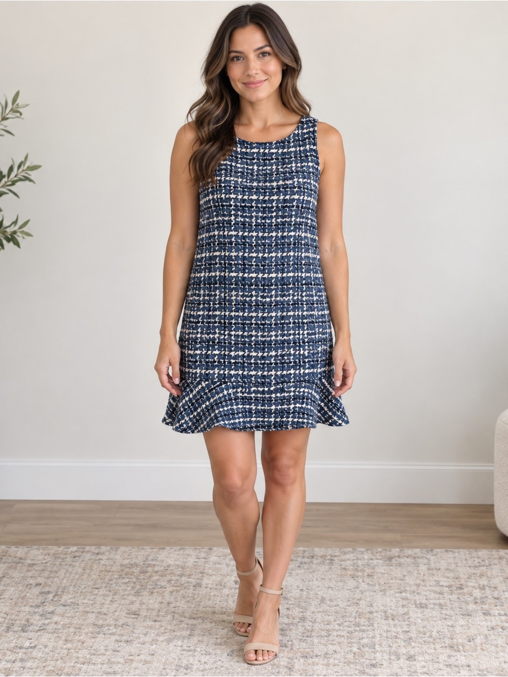 Paper Crown Navy White Tweed Sleeveless Ruffle Hem Mini shift Dress Size M